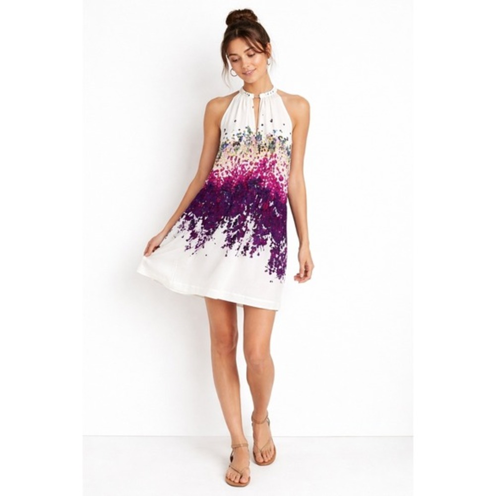 Kenneth Cole Halter Mini Dress L‎ White Watercolor Floral Swing Summer